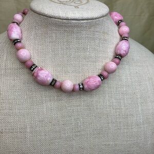 Pink Vintage Art Glass Bead and Crystal Necklace